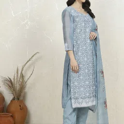 Biba Floral Embroidered Thread Work Unstitched Dress Material image 4