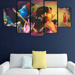 SAF Blue & Beige 5 Pieces Radha Krishna Wood Wall Art-82
