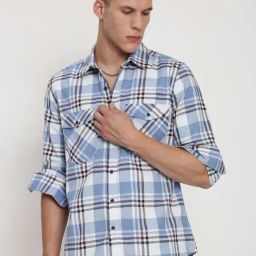 Showoff Blue Cotton Regular Fit Checkered Shacket-image-4