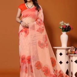 Satrani Orange Floral Print Saree With Unstitched Blouse-picture-11