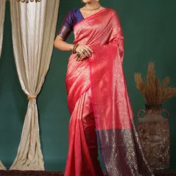 KALINI Ethnic Motifs Zari Silk Blend Banarasi Saree-image-25