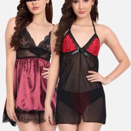 FIMS: Fashion is my Style Red & Maroon Lace Work Babydoll With Thong-image-86