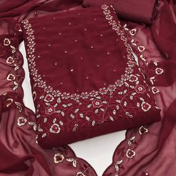 HERE&NOW Floral Embroidered Embellished Georgette Unstitched Dress Material-image-42