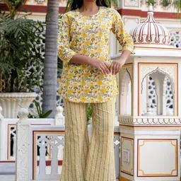 RANGREAL Floral Printed Pure Cotton Top With Trouser Co-Ords-image-13