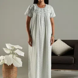 9shines Label Women Pure Cotton Chikankari Nightdress-picture-12