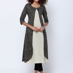 Vishudh Women Beige & Olive Green Printed A-Line Kurta-image-93