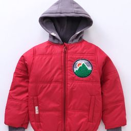 Little Kangaroos Full Sleeves Patched Quilted Hooded Jacket - Red-image-11