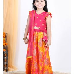 Kinder Kids Cap Frill Sleeves Floral Foil Embellished Double Layered Lace Work Skirt With Embroidered Top And Dupatta  - Pink-image-59
