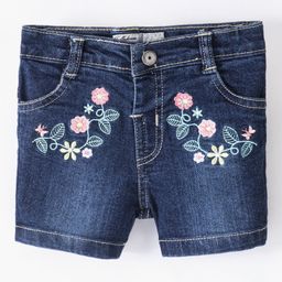 ToffyHouse Cotton Denim Mid Thigh Length Washed Stretchable Shorts with Floral Embroidery- Medium Blue-picture-15