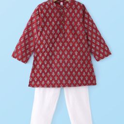 Babyhug Cotton Woven Full Sleeves Floral Printed Kurta Pyjama Set - Red-image-90