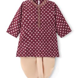 Babyhug 100% Cotton Full Sleeves Kurta With Dhoti Set With Ikat Print - Maroon & Beige-image-35