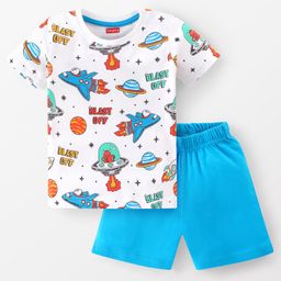 Babyhug Cotton Knit Half Sleeves Night Suit With Rocket Print - White & Blue-image-47