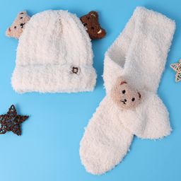 Babyhug Woollen Cap & Muffler Set with Bear Applique - Beige-image-22