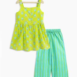 Campana 100% Cotton Sleeveless Floral Printed Tunic With Palazzo Set - Lime & Turquoise-image-4