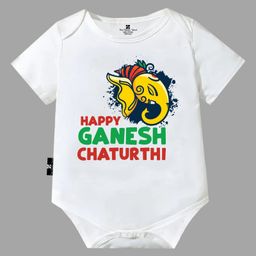 The Peppy Tend Ganesh Chaturthi Theme 100% Cotton Half Sleeves Happy Ganesh Chaturthi Text Printed Onesie - White-image-39