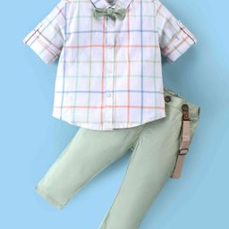 ToffyHouse 100% Cotton Woven Full Sleeves Checkered Shirt & Trouser Set with Bow & Suspender - Sea Green-image-84
