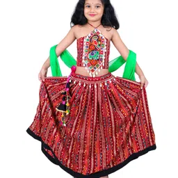 Aglare Navratri Theme Cotton Halter Neck Ethinc Printed With Mirror & Shell Embellished Lehenga Choli Set - Multi Colour-picture-6