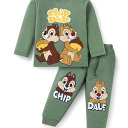 Babyhug Disney Single Jersey Full Sleeves T-Shirt With Lounge Pant Set with Chip N Dale Print - Olive Green-image-99
