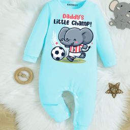 KNITROOT Cotton Full Sleeves Daddys Little Champ Text Printed Romper - Blue-image-26