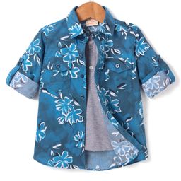 Rikidoos Full Sleeves Floral Printed Shirt With Attached Tee - Blue & Melange-picture-42