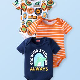 Babyhug Interlock Knit Half Sleeves Onesies With Animal & Text Print Pack of 3 - Navy Blue Orange & White-image-89