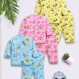 Little Ninja Cotton Pack Of 3 Full Sleeves Space Theme & Animal Printed Coordinating Tee & Pajama Set - Multi Colour-image-46