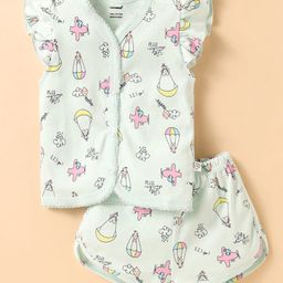 CUCUMBER Sinker Knit Frill Sleeves Shorts Co-ords Night Suit with Airplane Print - Light Blue-image-21