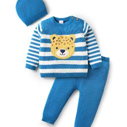 Babyhug Knit Full Sleeves Striped Sweater Set with Cap & Bear Patch - Blue-image-86