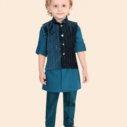 little desi Velvet Full Sleeves Solid Kurta & Pyjama With Textured Foil Printed Jacket - Peacock Blue-picture-16