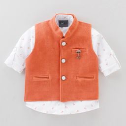 Dapper Dudes Full Sleeves Abstract Printed Shirt With Textured Waistcoat - Orange-image-67