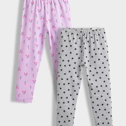 Orange Sugar Cotton Lycra Knit Pack Of 2 Hearts & Tulips Printed Stretchable Leggings - Light Lavender & Grey-image-47