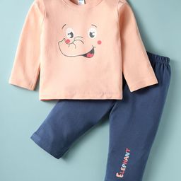 Tango Interlock Knit Full Sleeves Elephant Printed T- Shirt & Pant Set - Light Orange & Blue-image-81