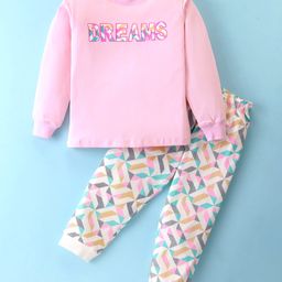 Doreme Single Jersey Knit Full Sleeves T-Shirt & Lounge Pant Set With Dreams Print - Pink & Off White-image-90