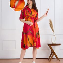 Bella Mama Woven Three Fourth Sleeves Maternity Shirt Dress With Floral Print - Orange-picture-13