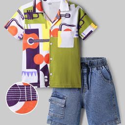 OLLINGTON ST. Cotton Sinker Knit Half Sleeves Shirt & Denim Shorts with Musical Print - Multicolor Olive Green & Indigo-picture-5