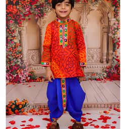 KID1 Cotton Woven Navratri Theme Full Sleeves Bandhani Designed & Mirror Work Embellished Dhoti Kurta Set - Orange & Blue-picture-31