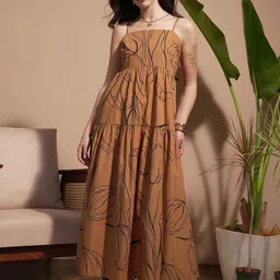 Vara By Vishudh Women Shoulder Straps Cotton Fit and Flare Midi Dress-image-2
