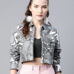 Popnetic Women Grey & White Camouflage Print Pure Cotton Crop Jacket-picture-31