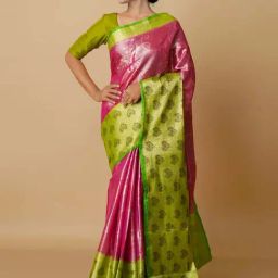 Unnati Silks Magenta Pink Silk Woven Saree With Unstitched Blouse-image-90