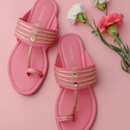 Vishudh Women Pink Striped One Toe Flats-53