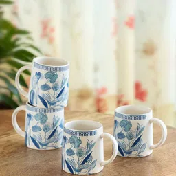 ExclusiveLane White & Blue 4 Pieces Floral Printed Ceramic Mugs-10