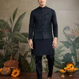 ODETTE Men Black Viscose Silk Woven Stitched Kurta With Jucket-19