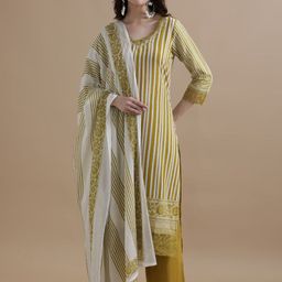 Jaipur Kurti Women Striped Regular Thread Work Pure Cotton Kurta with Trousers & With Dupatta-image-68