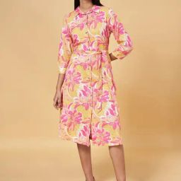 Akkriti by Pantaloons Pink & Yellow Cotton Floral Print A-Line Dress-image-45