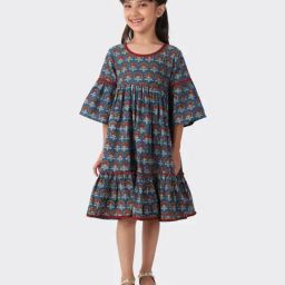 Fabindia Kids Indigo Floral Print Dress-image-60
