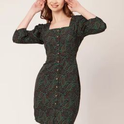 Moomaya Black & Green Printed A Line Dress-image-3