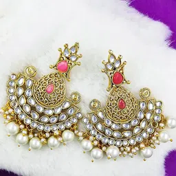 Saizen Gold-Plated Artificial Stones Studded & Pearls Beaded Teardrop Shaped Drop Earrings-picture-30