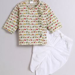 Polka Tots Full Sleeves Angrakha Camel Print Kurta With Dhoti Set - Cream-86