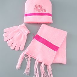 Babyhug Woollen Floral Design Caps & Gloves Set With Muffler - Pink-image-37