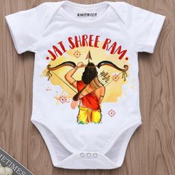 KNITROOT Dussehra Theme Half Sleeves Jai Shree Ram Printed Onesie - White-picture-19
